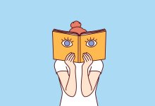 Illustration of a person reading a book with eyes on the front of the book