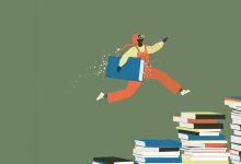 Illustration of student jumping over books, representing using incentives to foster a love of reading