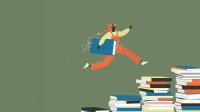 Illustration of student jumping over books, representing using incentives to foster a love of reading