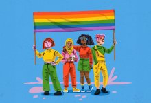 Illustration of 4 teens holding pride flag