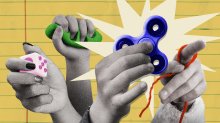 Collage featuring four student hands holding a fidget cube, squeezing some stress clay, pinching a fidget spinner, and wrapping string around one finger