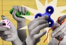 Collage featuring four student hands holding a fidget cube, squeezing some stress clay, pinching a fidget spinner, and wrapping string around one finger