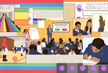 Illustration featuring many vignettes of students at Success Academies