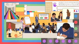 Illustration featuring many vignettes of students at Success Academies