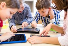 Photo of elementary teacher and students on ipads in classroom