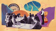 Collage of teacher and class with broken speech bubble