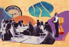 Collage of teacher and class with broken speech bubble