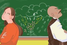 illustration of teachers clearly upset with each other with a drawing of a storm making a flower grow on the chalkboard between them.