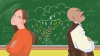 illustration of teachers clearly upset with each other with a drawing of a storm making a flower grow on the chalkboard between them.