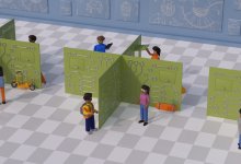 illustration of students isolated from each other by large tech walls, representing some risks of technology in education