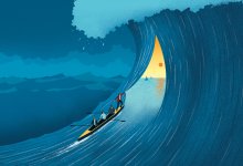 Illustration of a boat full of people parting a large wave