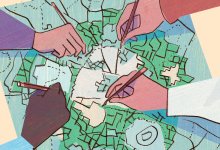 Illustration of hands drawing a map