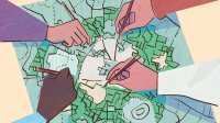 Illustration of hands drawing a map