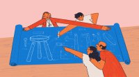 Teacher, student, and parents review blueprints for three-legged stool