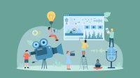 Illustration of teenagers working on multimedia projects