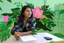 Student working on test with flowers blooming in stages around them
