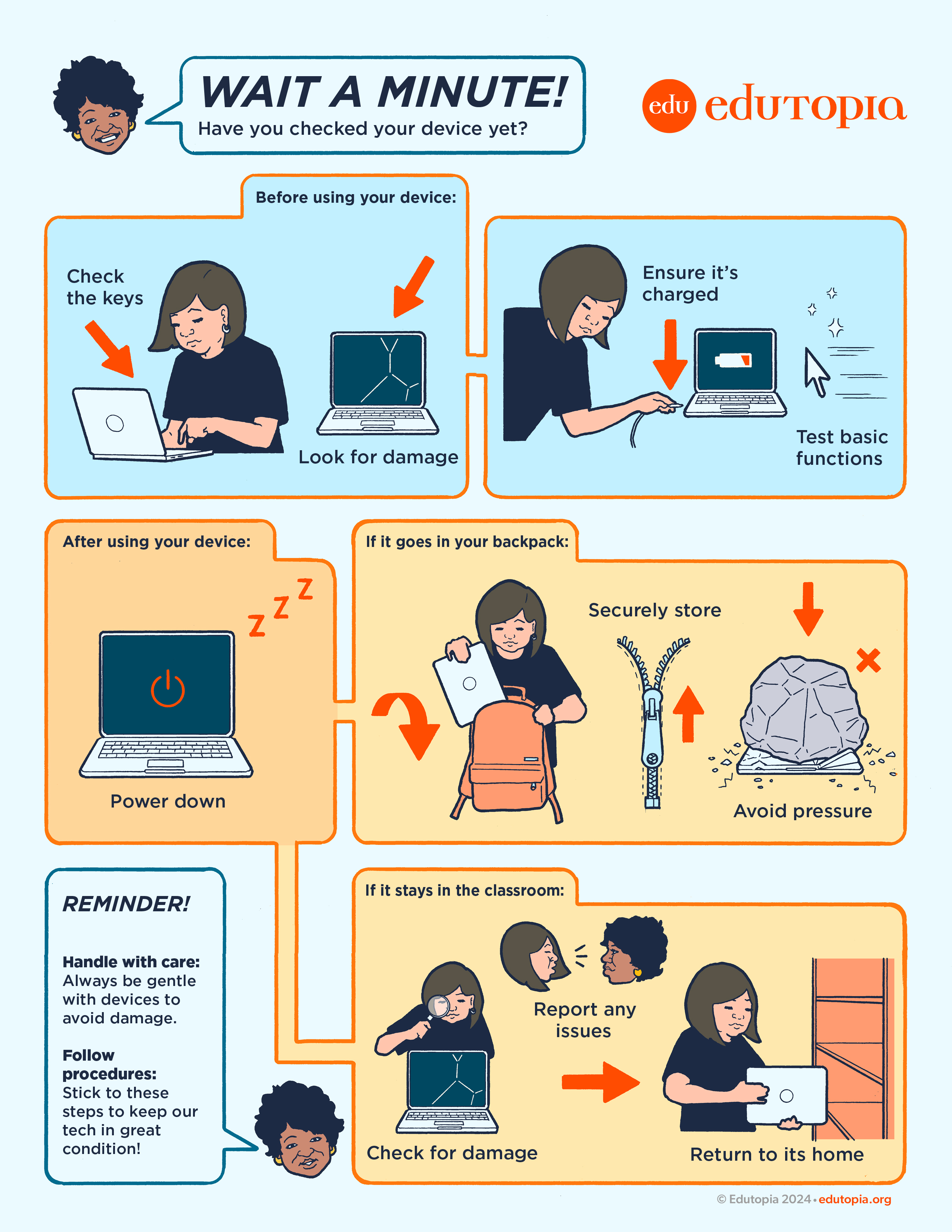 Printable infographic explaining how to care for classroom tech