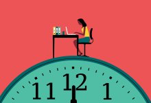 Illustration of teacher at desk on top of clock