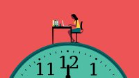 Illustration of teacher at desk on top of clock