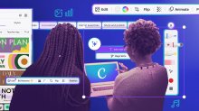 two teachers explore Canva's features, representing the idea of Canva tips for teachers