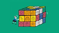 Illustration of Rubik's cube made of different facial expressions.