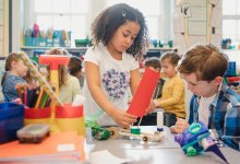 Elementary students working on a project together