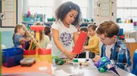 Elementary students working on a project together