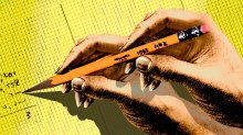 Illustration of two hands writing with a pencil