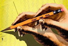 Illustration of two hands writing with a pencil