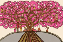 illustration of a tree with students engaging in both discussion and tech usage, representing the idea of reducing edtech use in schools