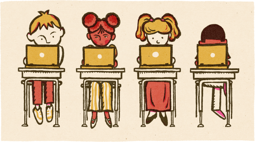 illustration of students sitting in a line with laptops