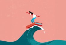 Illustration of a girl surfing on a book on a wave