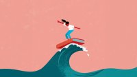 Illustration of a girl surfing on a book on a wave