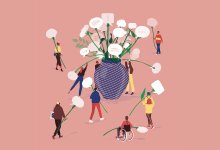 Illustration of people adding comment flowers to a vase