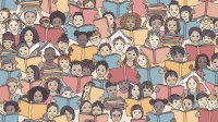 Illustration of group of children reading books