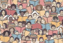 Illustration of group of children reading books