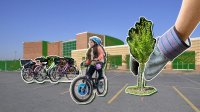 collage of school parking lot with student on bike, tree being planted