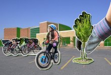 collage of school parking lot with student on bike, tree being planted