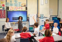 Photo of elementary student giving presentation to class.