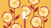Illustration of sharpening pencil with pencil shavings shaped like flowers