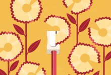Illustration of sharpening pencil with pencil shavings shaped like flowers
