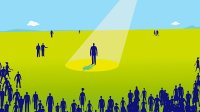 Illustration of person in spotlight surrounded by a large group of people, representing teacher FOMO