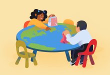 illustration of two children sitting at a world table eating lunch