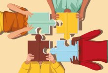 Illustration of people reading books shaped like puzzle pieces