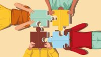 Illustration of people reading books shaped like puzzle pieces