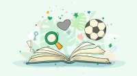 Illustration of real world objects coming out of a text showing the connection between literary symbols and the real world