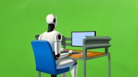 Illustration of robot working at a computer with guardrails