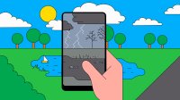 Illustration of phone with stormy scene covering a scene showing a sunny day