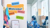 welcome sign in front of a class featuring english, german, japanese, french, and spanish "welcome"s