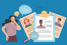 An illustration of a student thinking over three different student resumes